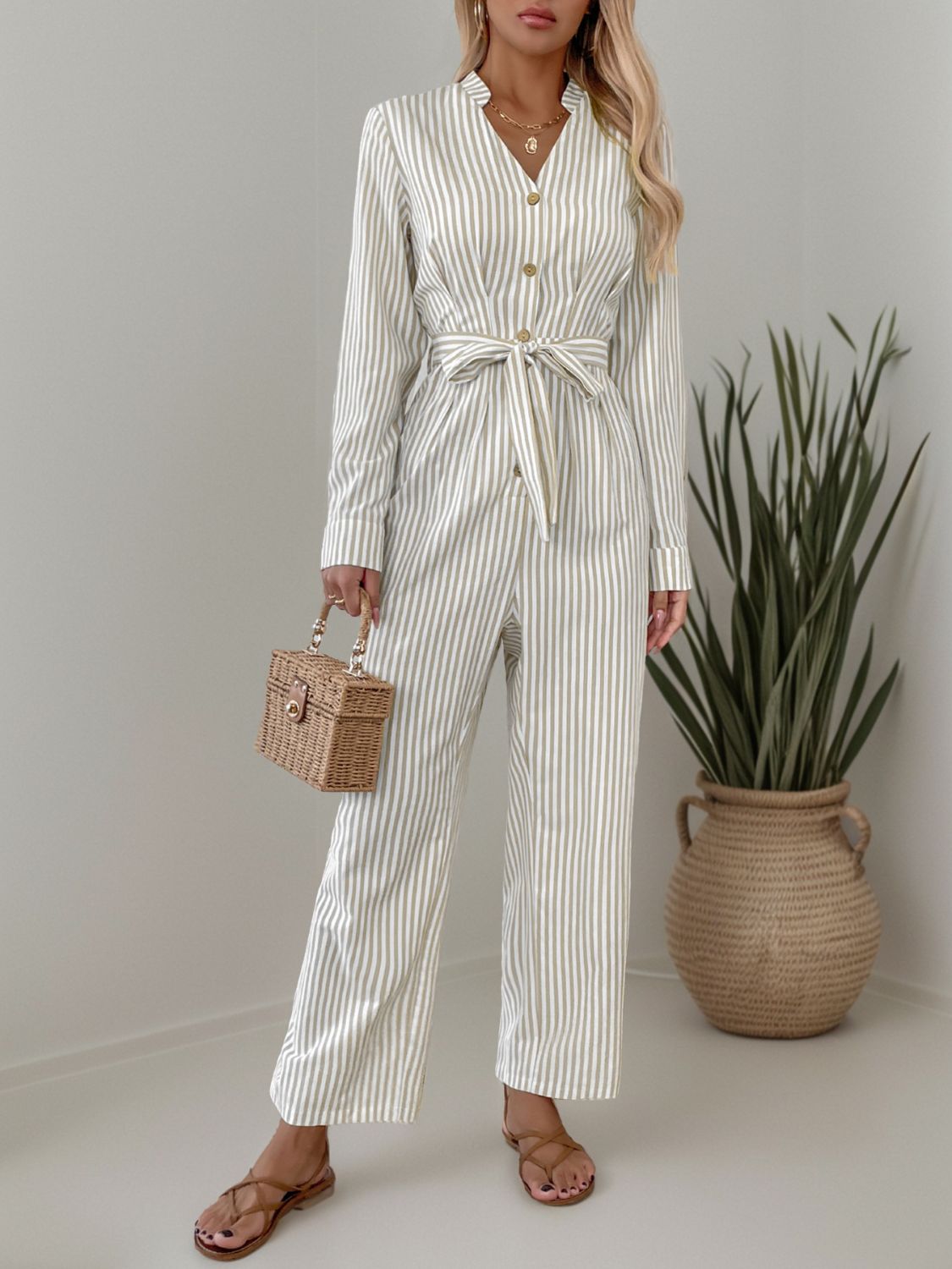 Striped Notched Long Sleeve Tie Waist Jumpsuit