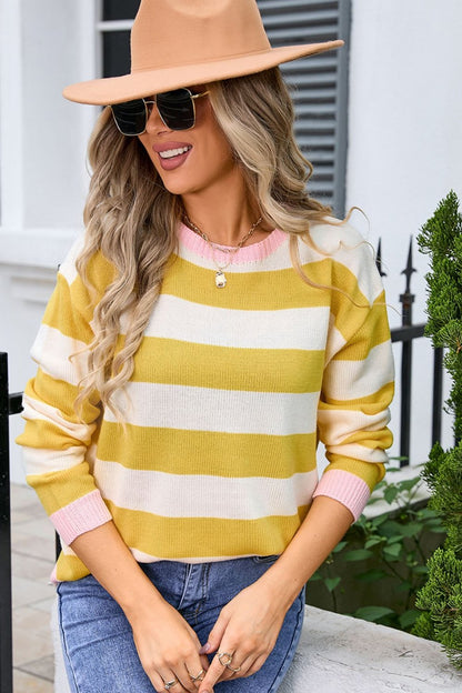 Angel Wings Striped Round Neck Dropped Shoulder Sweater