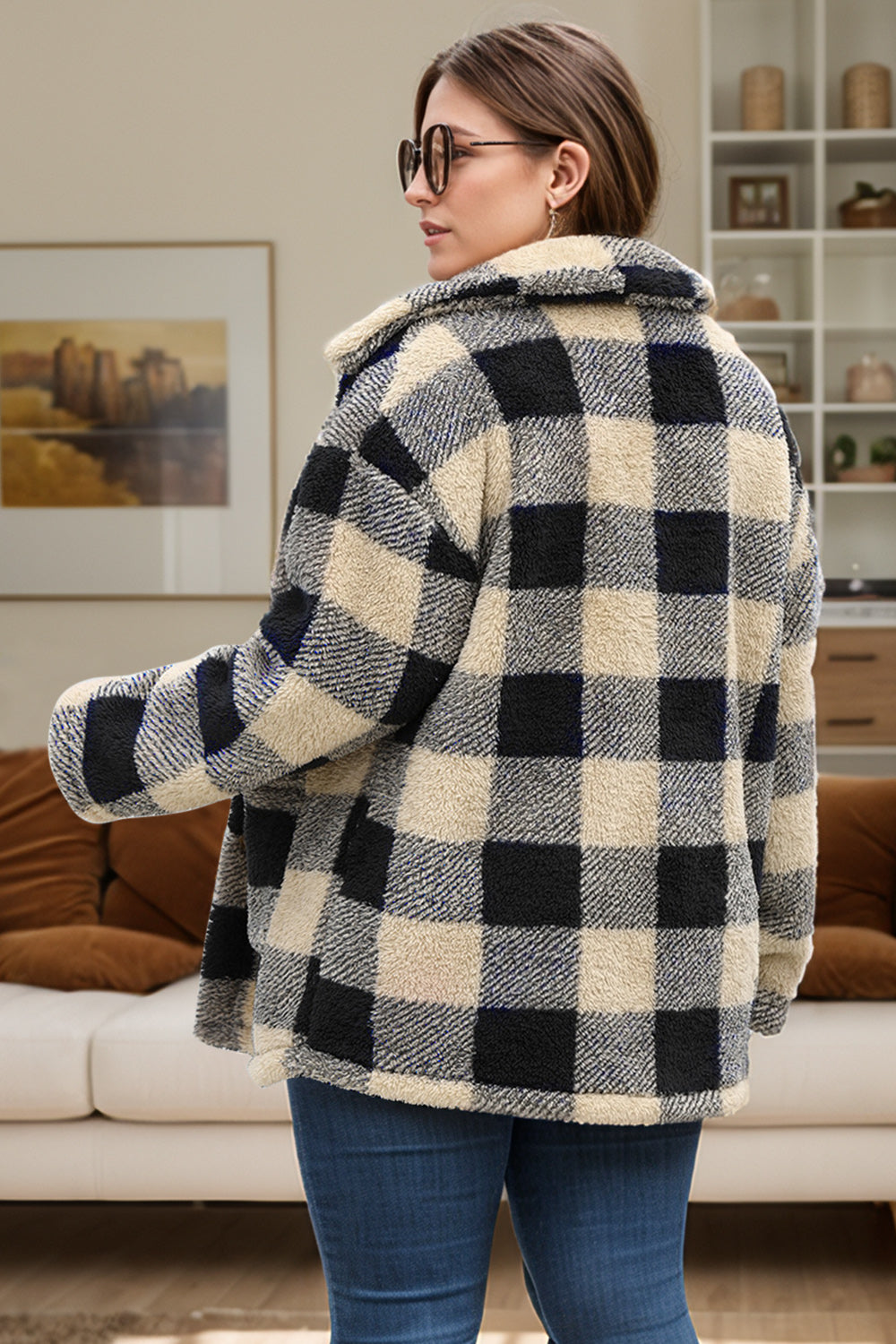 Plus Size Plaid Button Up Long Sleeve Coat