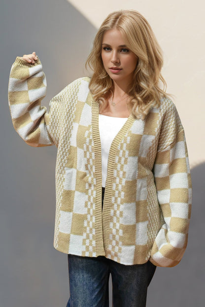 Double Take Checkered Open Front Dropped Shoulder Cardigan