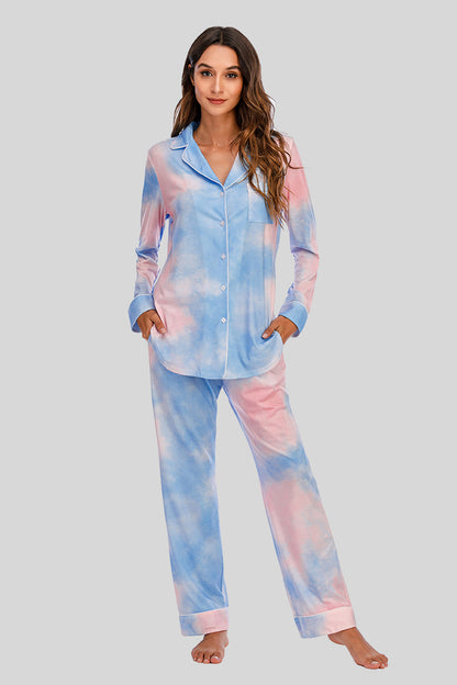 Collared Neck Long Sleeve Pajama Set with Pockets