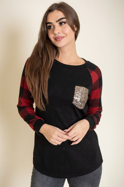 Plus Checker Sleeve Sequin Pocket Tunic