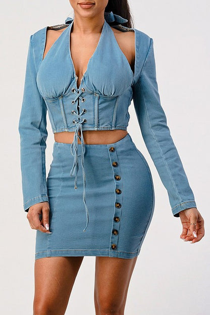 Denim top and skirt set