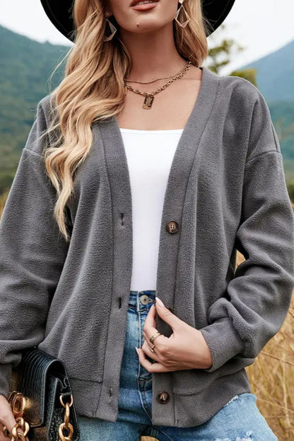 Shiny Button Down V-Neck Dropped Shoulder Jacket