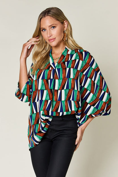 Double Take Full Size Geometric Notched Dolman Sleeve Top