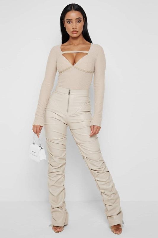 Sexy Sleek & Sensual Cream PU Leather High-Waisted Pants