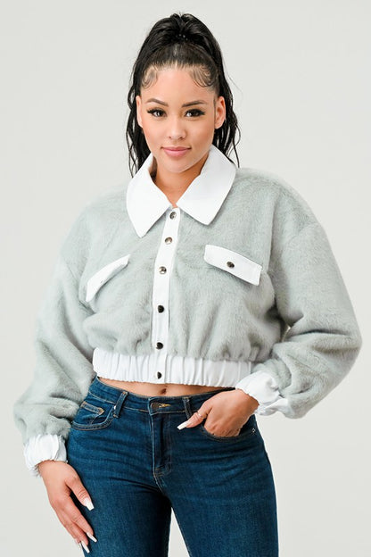 ATHINA CASUAL DENIM CONTRAST FUR CROP JACKET