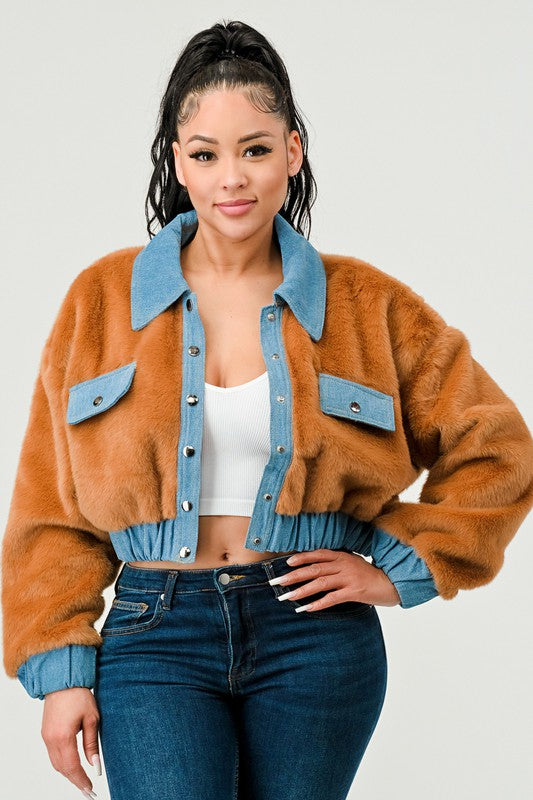 ATHINA CASUAL DENIM CONTRAST FUR CROP JACKET