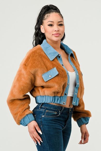 ATHINA CASUAL DENIM CONTRAST FUR CROP JACKET