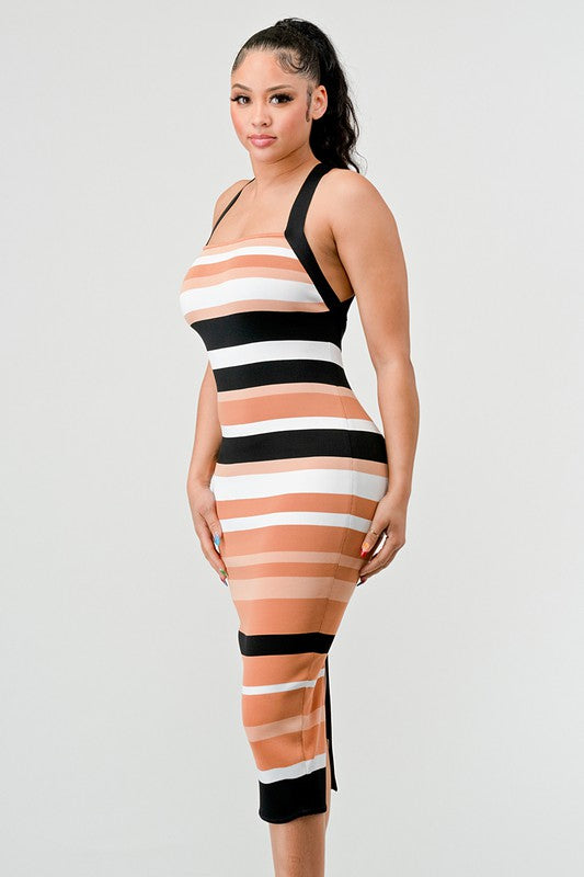 STRIPED BANDAGE MIDI DRESS