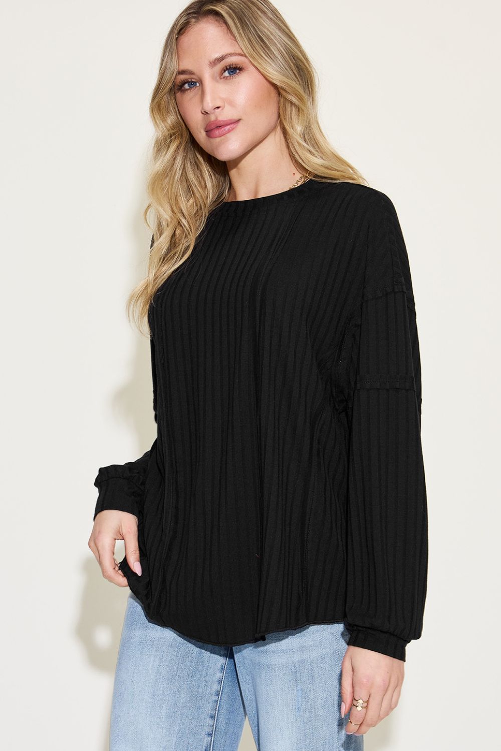 Basic Bae Full Size Ribbed Round Neck Long Sleeve Shirt