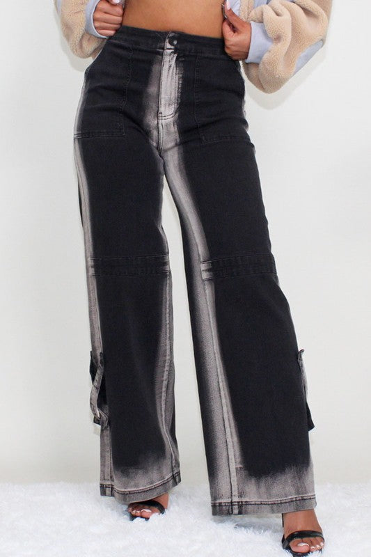 Black Line Washed Casual Wide Leg Jeans