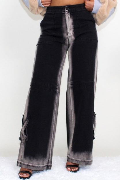 Black Line Washed Casual Wide Leg Jeans