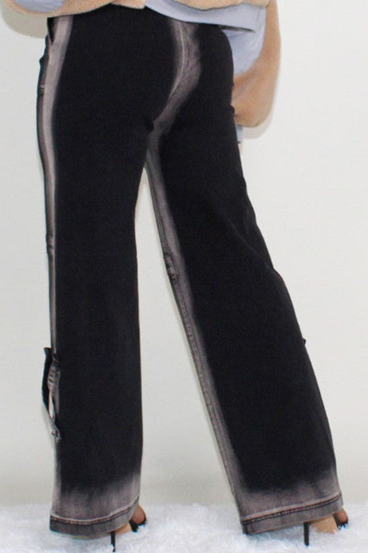 Black Line Washed Casual Wide Leg Jeans