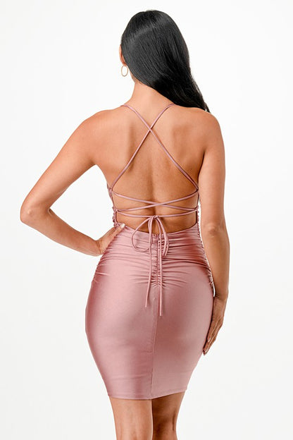 Charm Lace-Up Waist Shirred Bodycon Party Dress