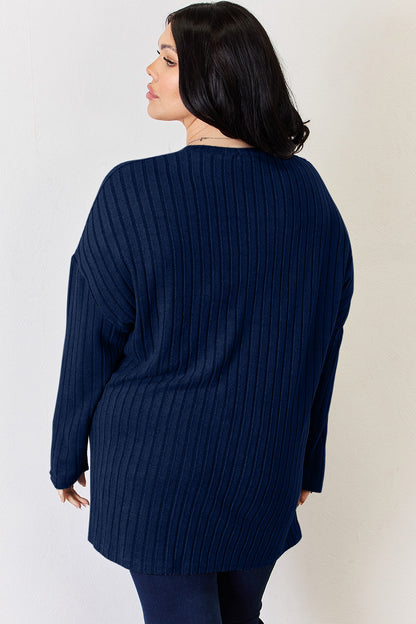 Basic Bae Full Size Ribbed Half Button Long Sleeve High-Low Shirt