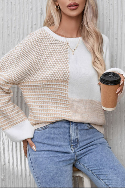 Contrast Round Neck Long Sleeve Sweater