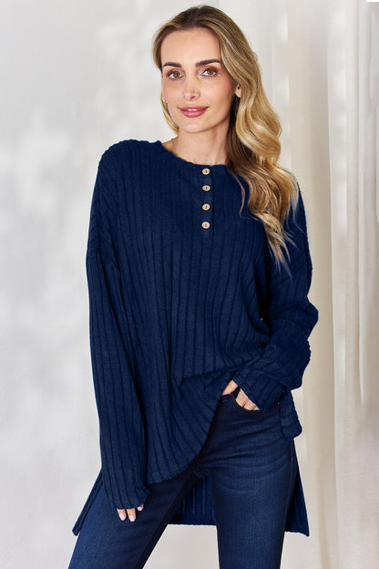 Basic Bae Full Size Ribbed Half Button Long Sleeve High-Low Shirt