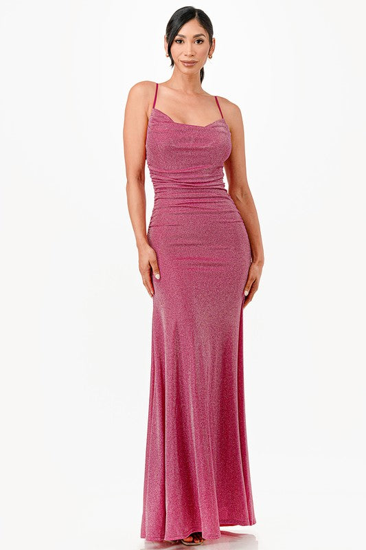 Sparking Jacquard Cowl Neck Maxi Dress