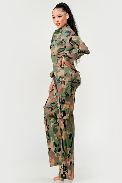 Reporting for Duty Camo Ruffle Sleeve Cargo Jumpsuit