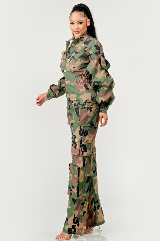 Reporting for Duty Camo Ruffle Sleeve Cargo Jumpsuit