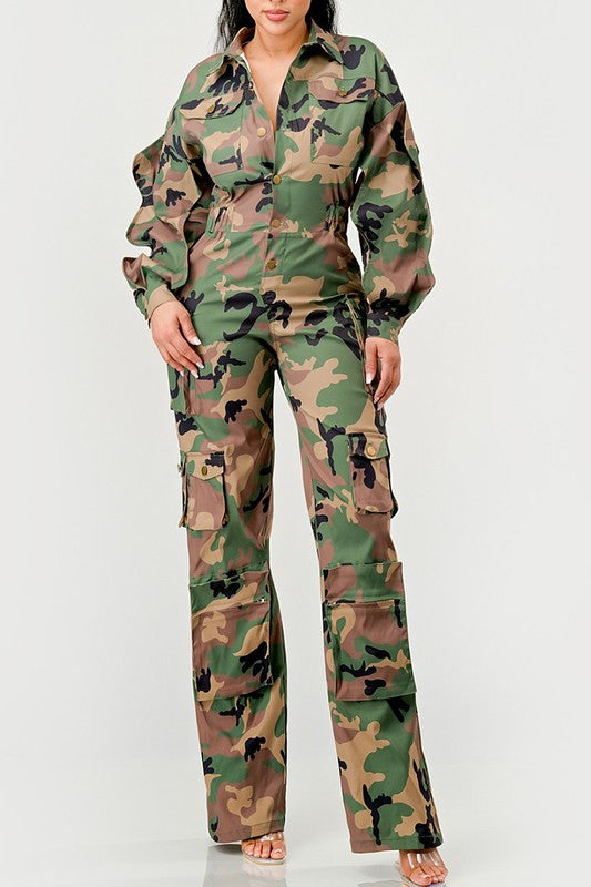 Reporting for Duty Camo Ruffle Sleeve Cargo Jumpsuit