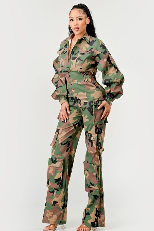 Reporting for Duty Camo Ruffle Sleeve Cargo Jumpsuit