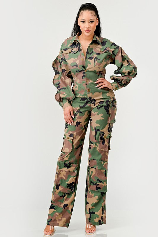 Reporting for Duty Camo Ruffle Sleeve Cargo Jumpsuit