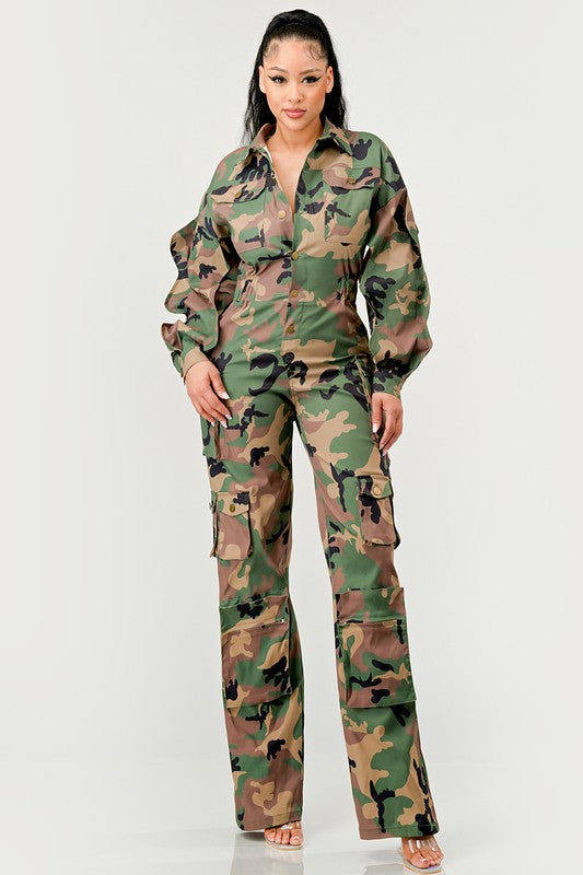 Reporting for Duty Camo Ruffle Sleeve Cargo Jumpsuit