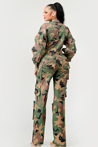 Reporting for Duty Camo Ruffle Sleeve Cargo Jumpsuit