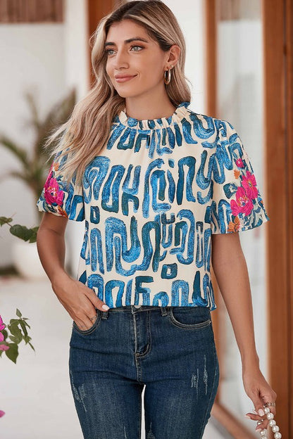 Embroidered Puff Sleeve Frilled Neck Printed Top