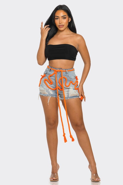 Playful Denim Shorts With Orange Drawstring