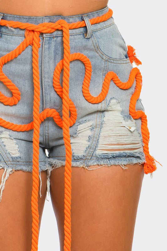 Playful Denim Shorts With Orange Drawstring