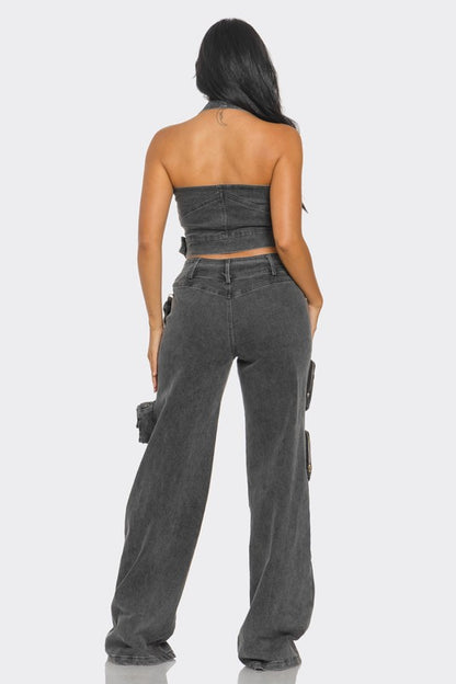 Dual-Tone Utility Denim Jumpsuit