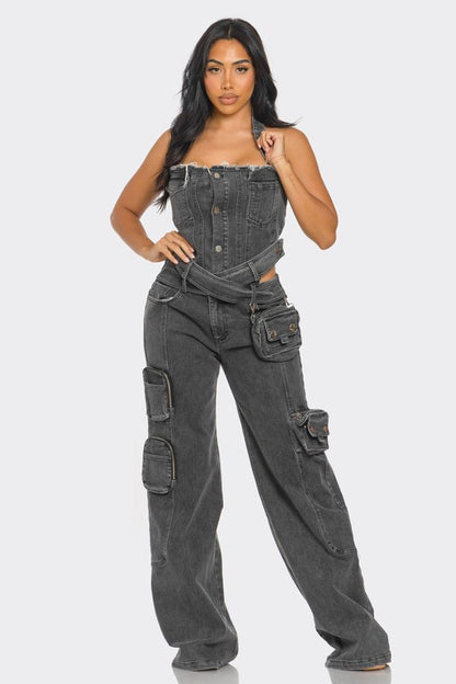 Dual-Tone Utility Denim Jumpsuit