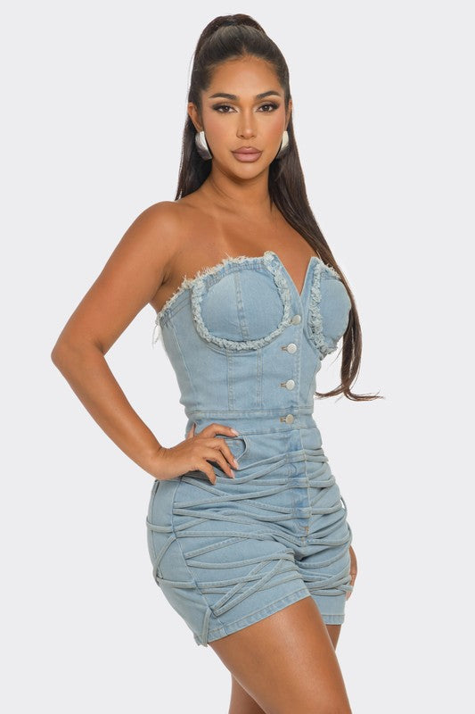 Frayed Edge Denim Corset Romper