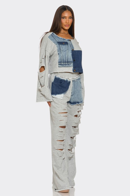 Distressed Denim Patchwork Set