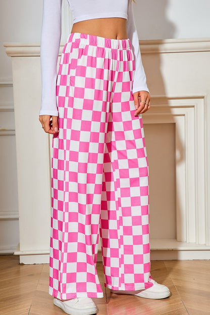 Checked Print High Waist Wide Leg Pants