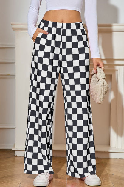 Checked Print High Waist Wide Leg Pants