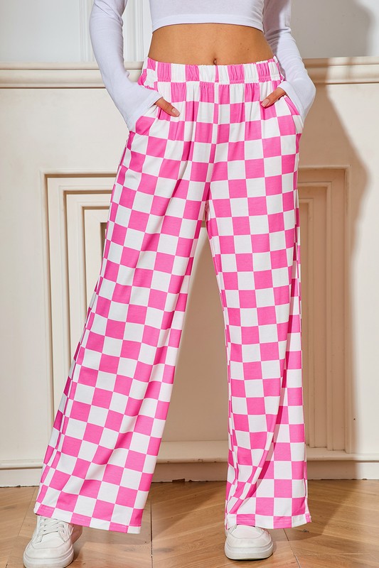 Checked Print High Waist Wide Leg Pants