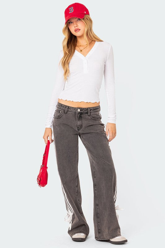 Bow Stripe High-Waist Wide-Leg Black Ash Jeans