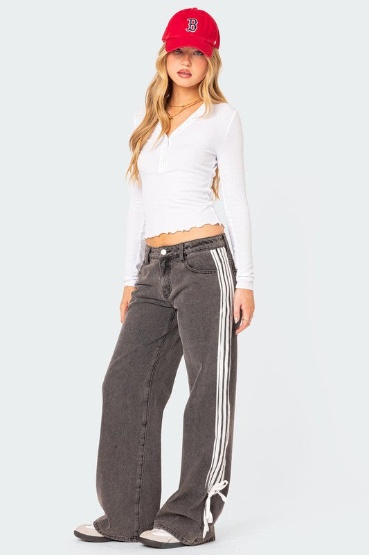 Bow Stripe High-Waist Wide-Leg Black Ash Jeans