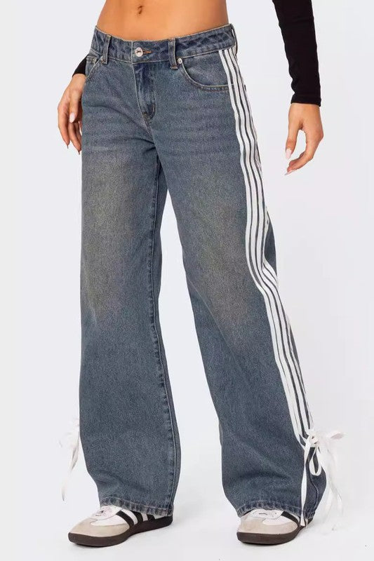 Bow Stripe High-Waist Wide-Leg Jeans