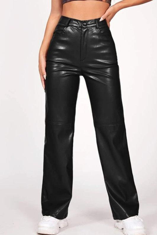 Sexy Black Faux Leather Slim Straight Pants