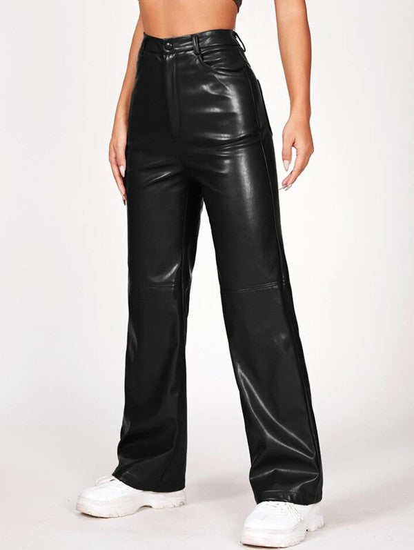 Sexy Black Faux Leather Slim Straight Pants