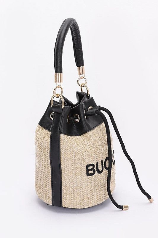 Top Handle Faux Straw Bucket Bag