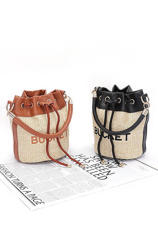 Top Handle Faux Straw Bucket Bag