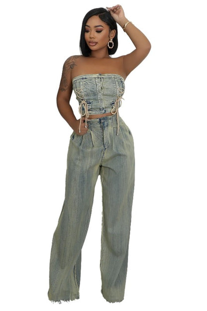 WOMEN FASHION DENIM TWO PIECE PANTS SET