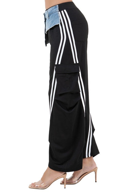 Trendy Wide-Leg Cargo Pants with Side Stripes and Denim Layer