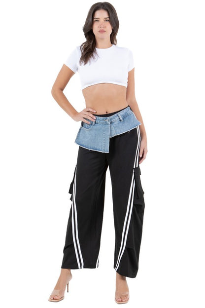 Trendy Wide-Leg Cargo Pants with Side Stripes and Denim Layer